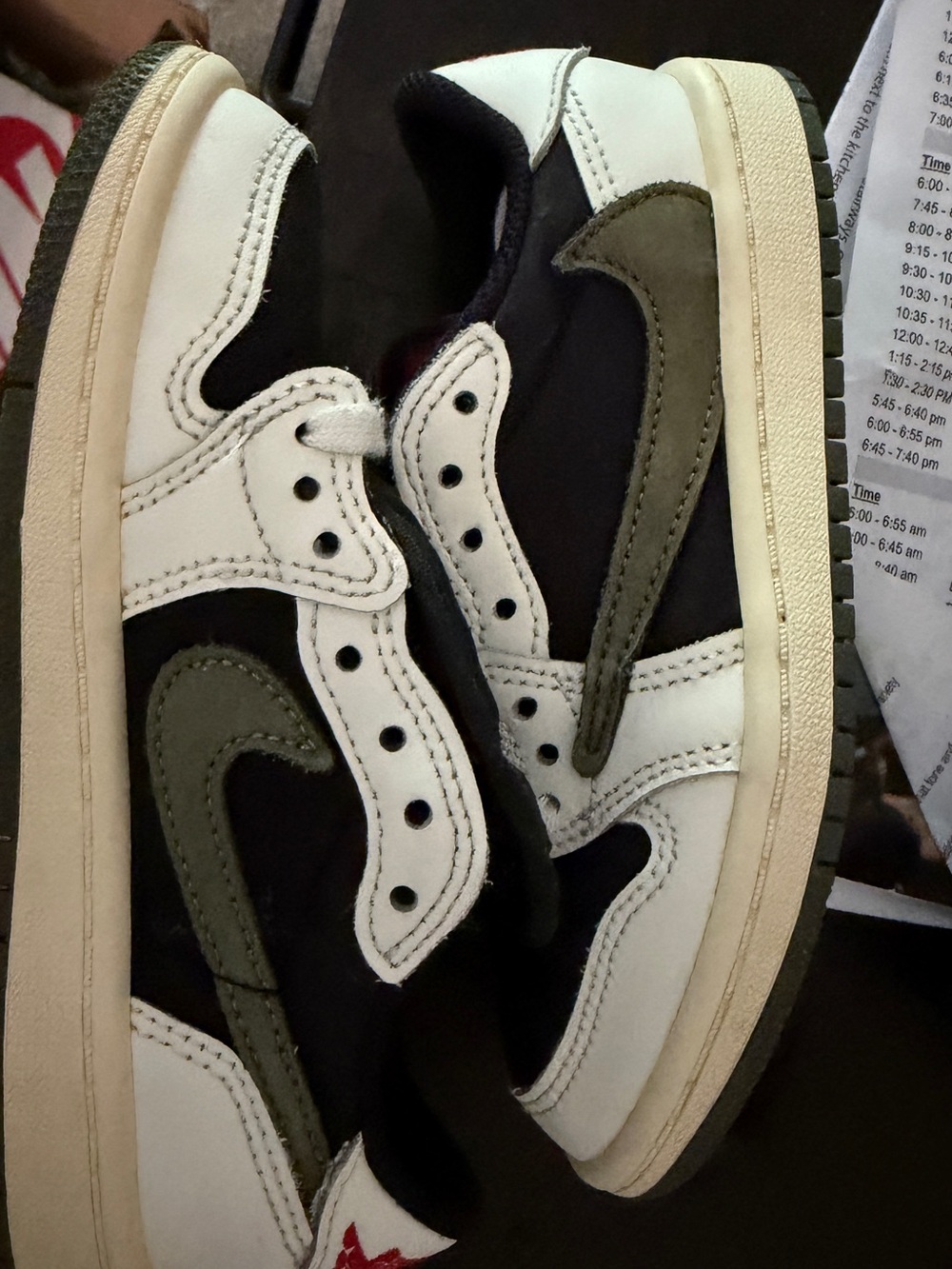 Jordan Kids Travis Scott Low-Top Sneakers in White, Black & Olive (used 3 times)